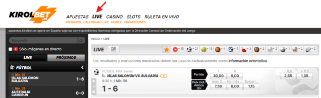Apuestas en directo en Kirolbet