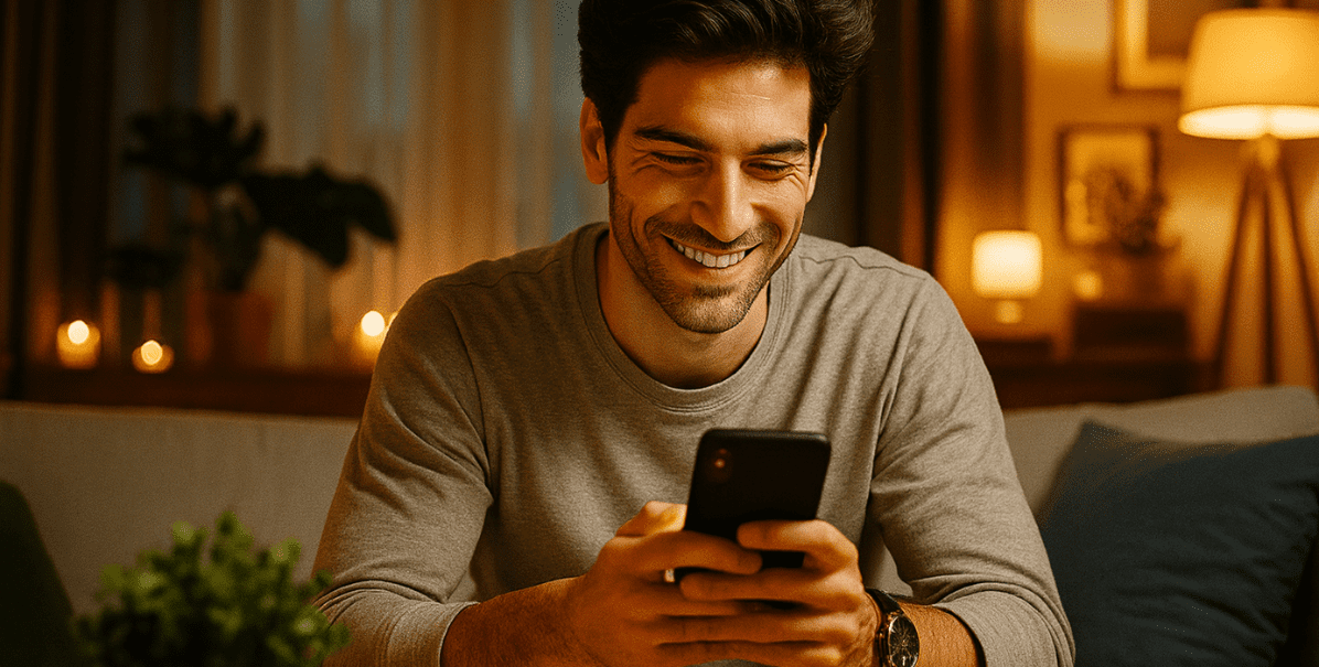 un hombre joven mirando hacia su móvil con una sonrisa