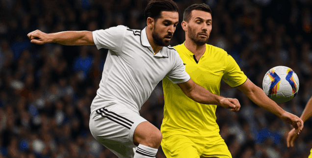 aparecen dos futbolistas intentando chutar un balón