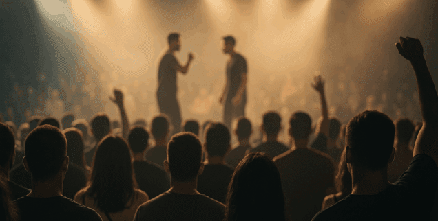 Dos freestylers compiten sobre un escenario ante el público