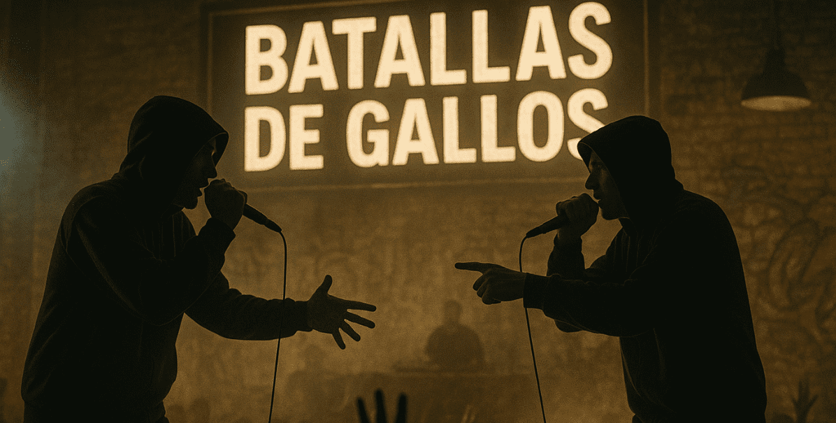 se ven dos personas haciendo freestyle bajo un neón con las palabras "batallas de gallos"