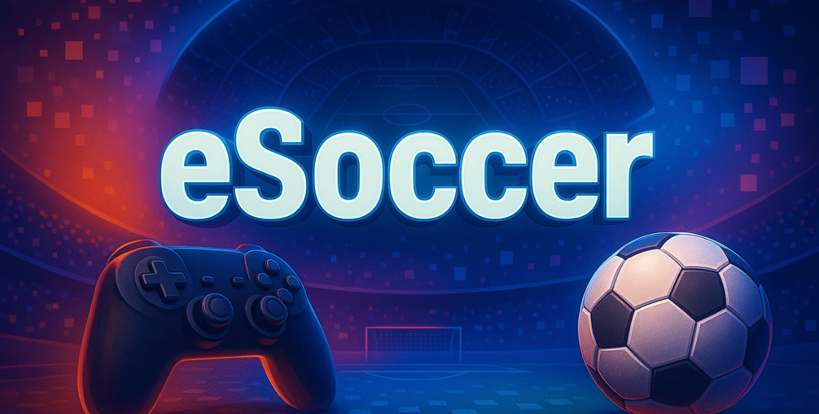 en la imagen se ve la palabra "esoccer" junto a un mando de consola y un balón de fútbol