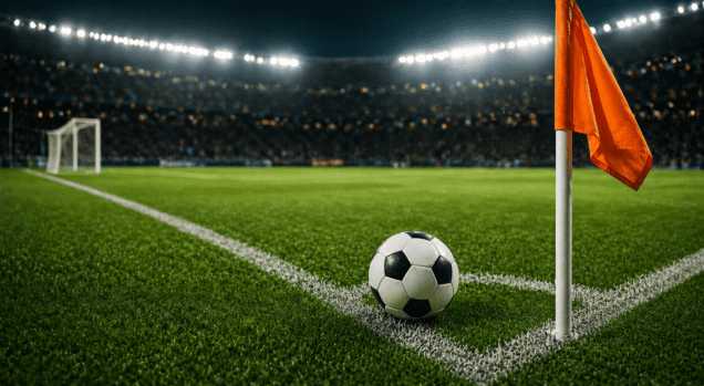 Balón situado en la zona de córner de un campo de fútbol
